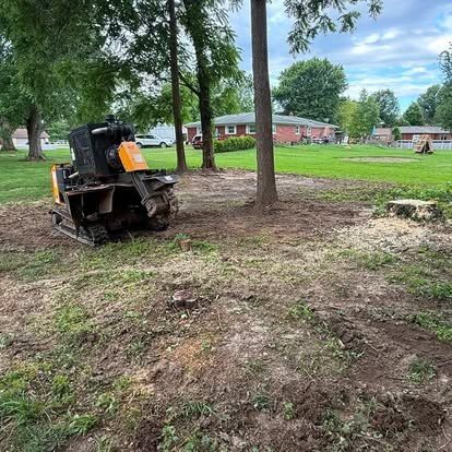 Triple B's tracked stump grinder removing a stump in a Central Indiana lawn